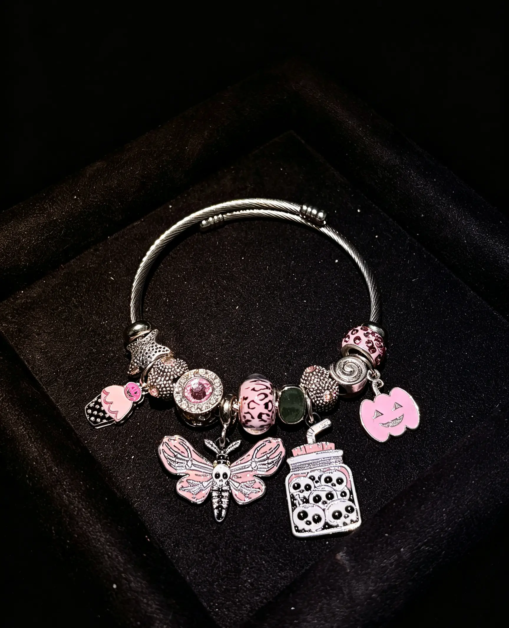 Silver Tone Halloween Pink Skull Moth Charm Bangle, Pink Pumpkin & Skull Jar Enamel Beaded Bracelet, Gothic Spooky Adjustable Cable Wire Bracelet Jewelry for Women
