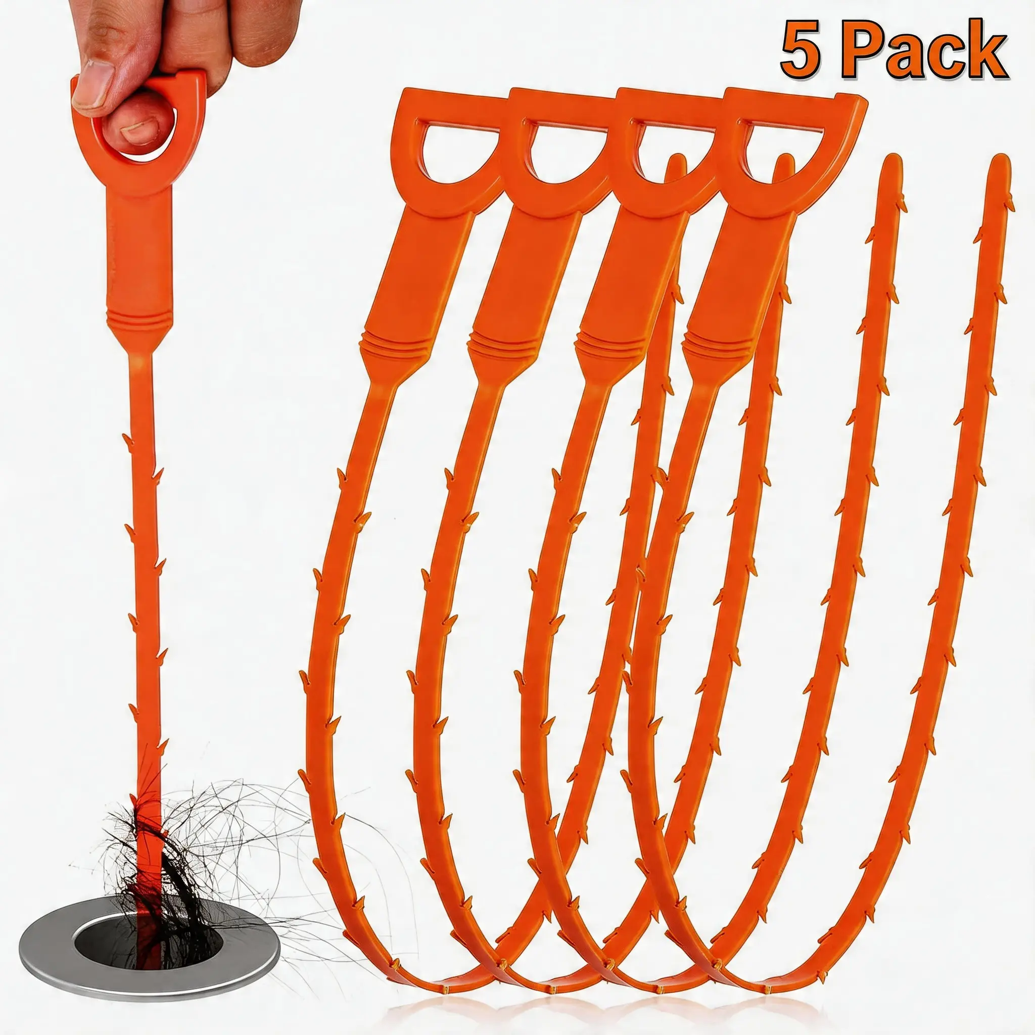 5-Pack 20-in Reusable Drain Snake Clog Remover - Flexible Pipe Hair Remover with Grab Handle, Easy-Control, Durable Cost-Saving Drain Cleaner for Sink, Shower