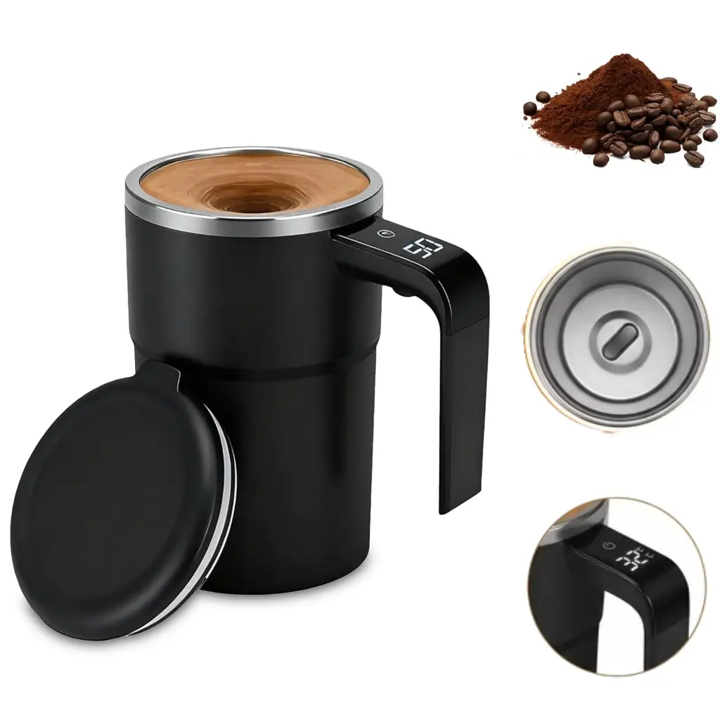 Self-Stirring Coffee Mug, Auto Magnetic Mixing,Temperature Display(No Heating), Leak-Proof Travel Cup with Lid for Coffee, Milk, Protein Shakes, USB Rechargeable Travel Mug, Reusable Black Coffee Cup for Office/Kitchen/Travel