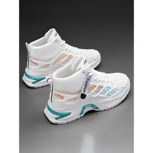 Men’s high-top skateboarding sneakers, lightweight casual shoes, dual-color design with letter patterns, stylish contrast colors, trendy fashion sneaker