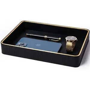 Black Leather Catchall Valet Tray for Men Bedside Nightstand Desk Organizer Tray