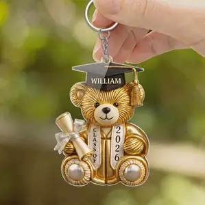 RodyThread Personalized Class of 2026 Bear Keychain and Car Ornament for Graduates Students Cute Academic Celebration Gold Printed Clear Acrylic Keychain Car Hanging Graduation Gift Customized Name Keepsake