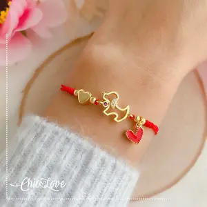 Dog Lover Bracelet, Red or Black String Bracelet with Puppy Charm, Adjustable Pet Lover Gift, Gold Plated Heart Charm
