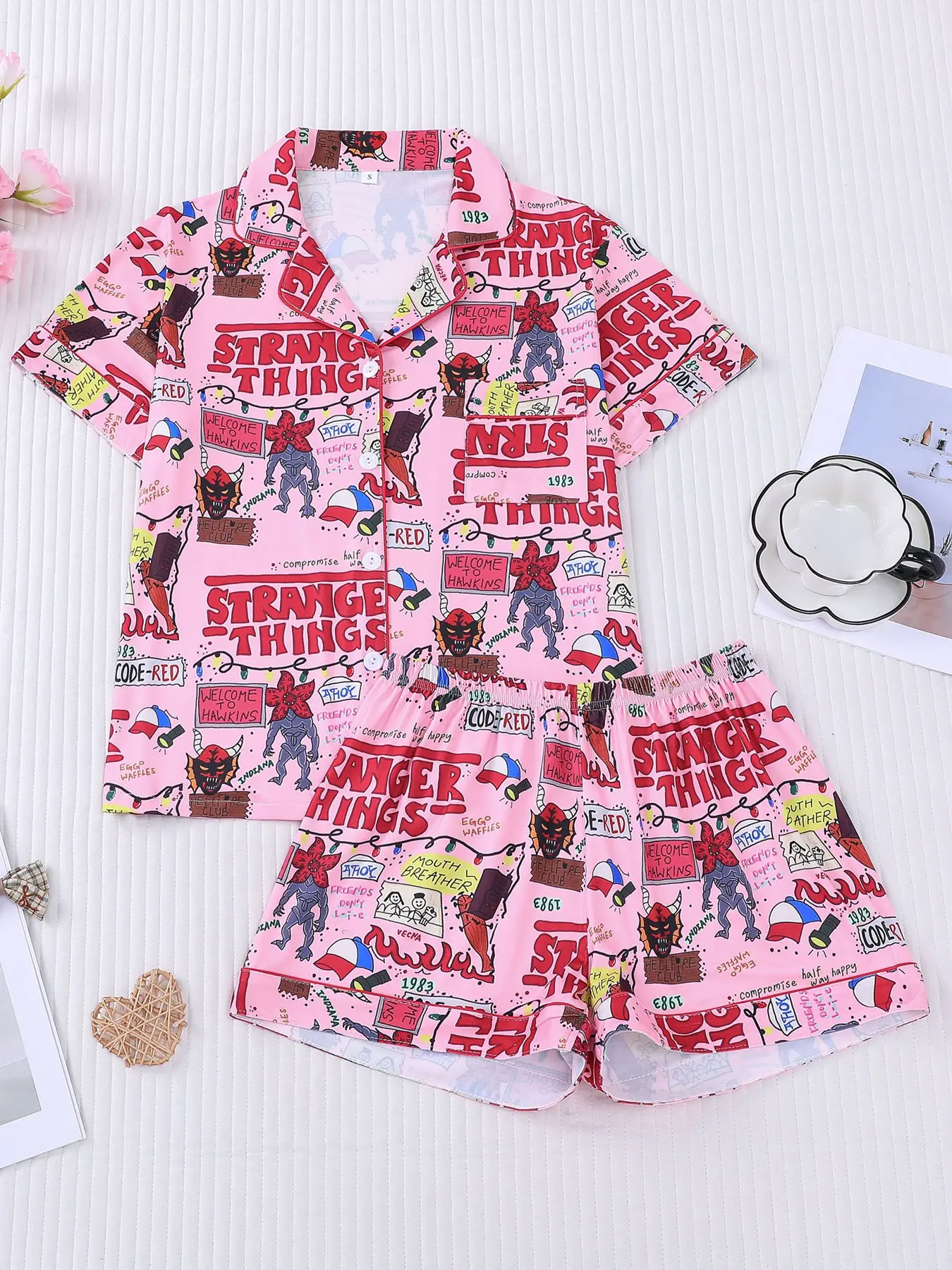 2pcs Weird Things Graffiti Print Pajama Set - Retro Pop Culture Short-Sleeve Pjs (Notch Collar + Chest Pocket + Elastic Waist) - Soft Adult Loungewear/Sleepwear for Binge-Watching, Sleepovers & Trend Lovers