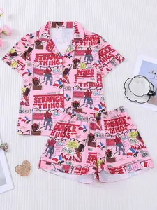 2pcs Weird Things Graffiti Print Cartoon Print Pajama Set - Retro Pop Culture Short-Sleeve Pjs (Notch Collar + Chest Pocket + Elastic Waist) - Soft Adult Loungewear/Sleepwear for Binge-Watching, Sleepovers & Trend Lovers