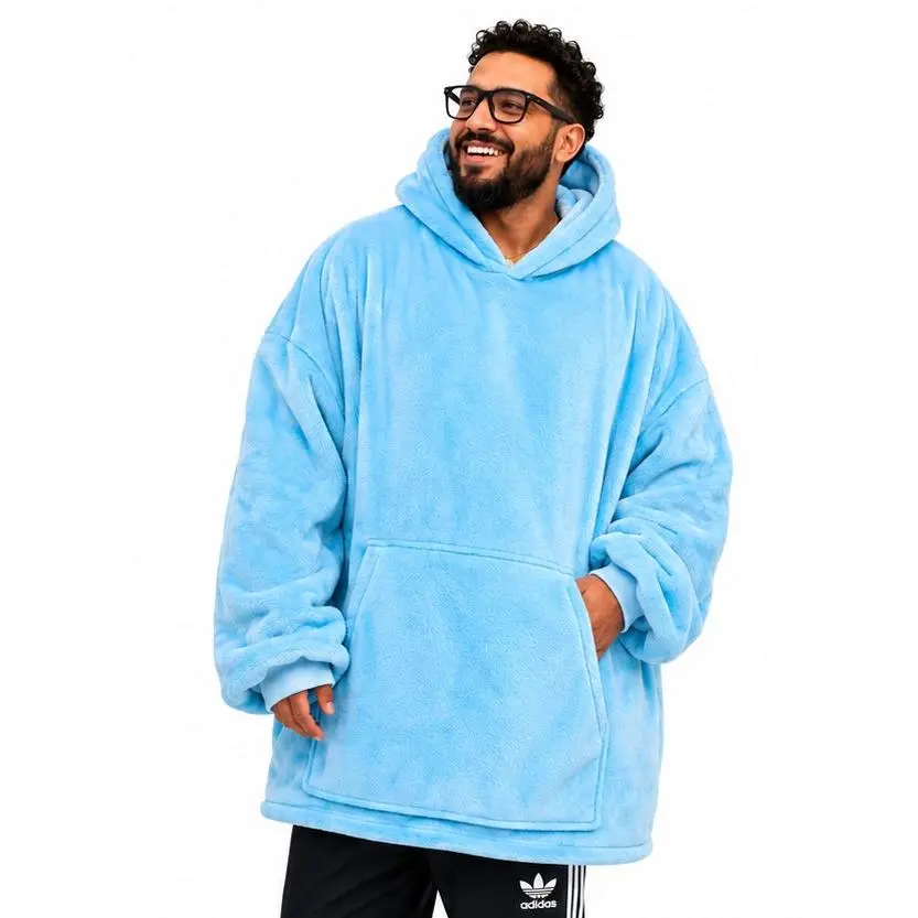 Women's Sky Blue Minimalist Oversized Flannel Hoodie Sweatshirt Top - Basic, Ultra-Soft Lightweight Long-Sleeves, Kangaroo Pocket for Everyday Wear