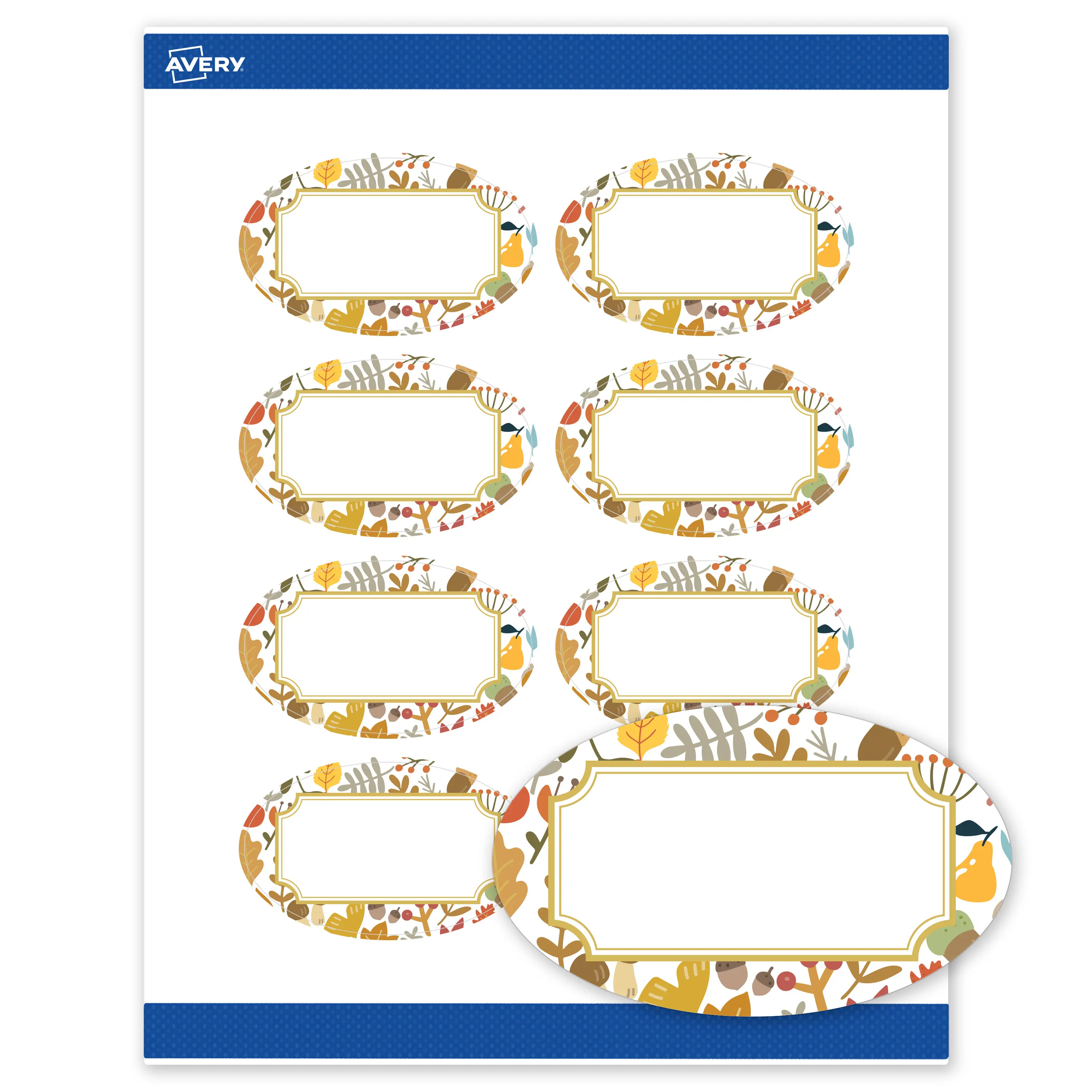 Avery® Printable Oval Labels, 2" x 3-1/3", Matte White, Pre-printed Metallic Gold Frame, Fall Leaves Design, Sure Feed® Technology, Laser/Inkjet Compatible, 80 Total, Great for Thanksgiving Branding