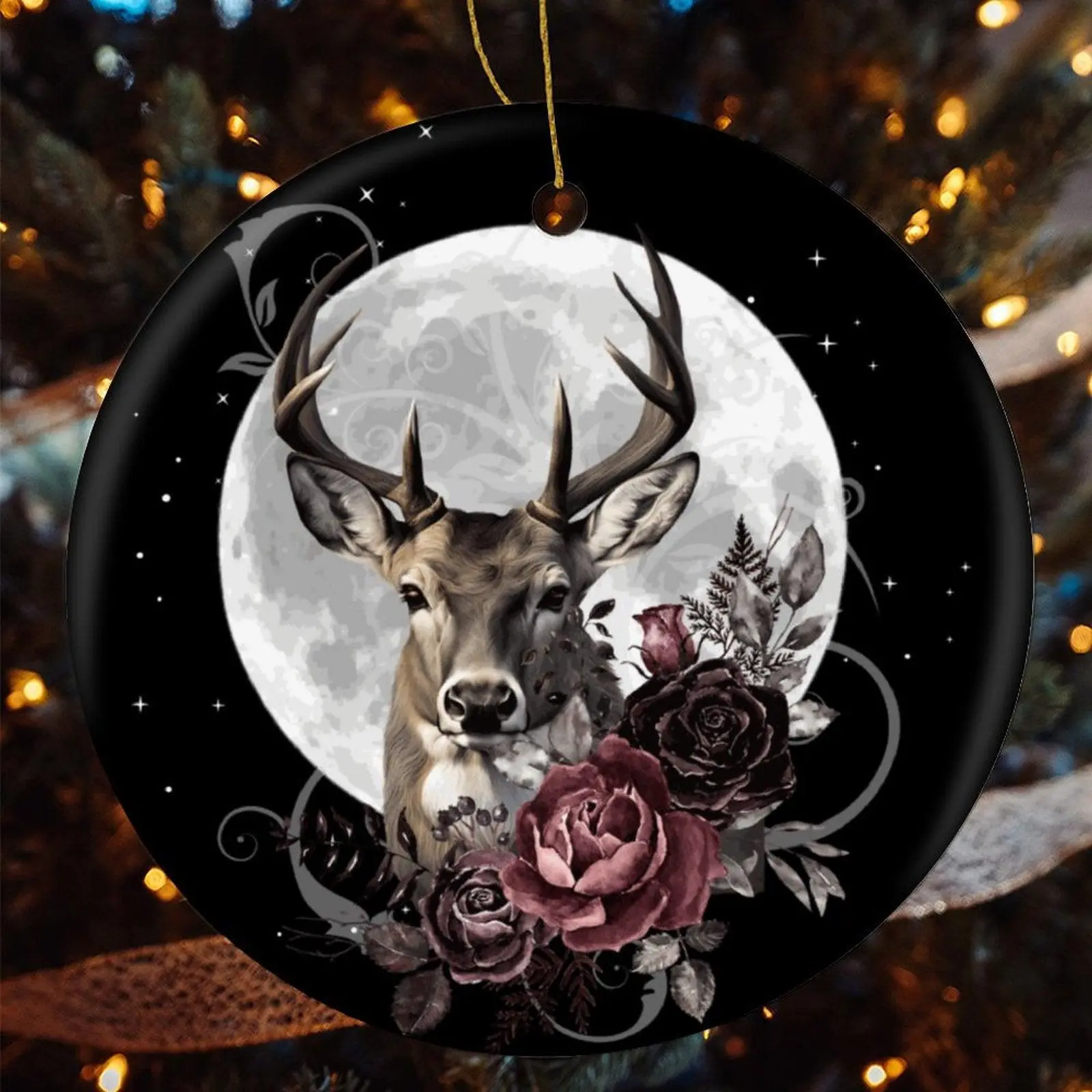 Stag Tarot Christmas Ceramic Ornament - Pagan Holiday Decor Accessory with Witch, Yule Themes, Lightweight Smooth Design for Tree, Enhances Dark Cottagecore Aesthetic