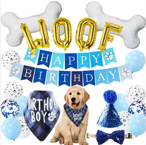 Pet Dog Happy Birthday Decoration Blue Woof Foil Party Balloon Bandana Dog Birthday Decoration