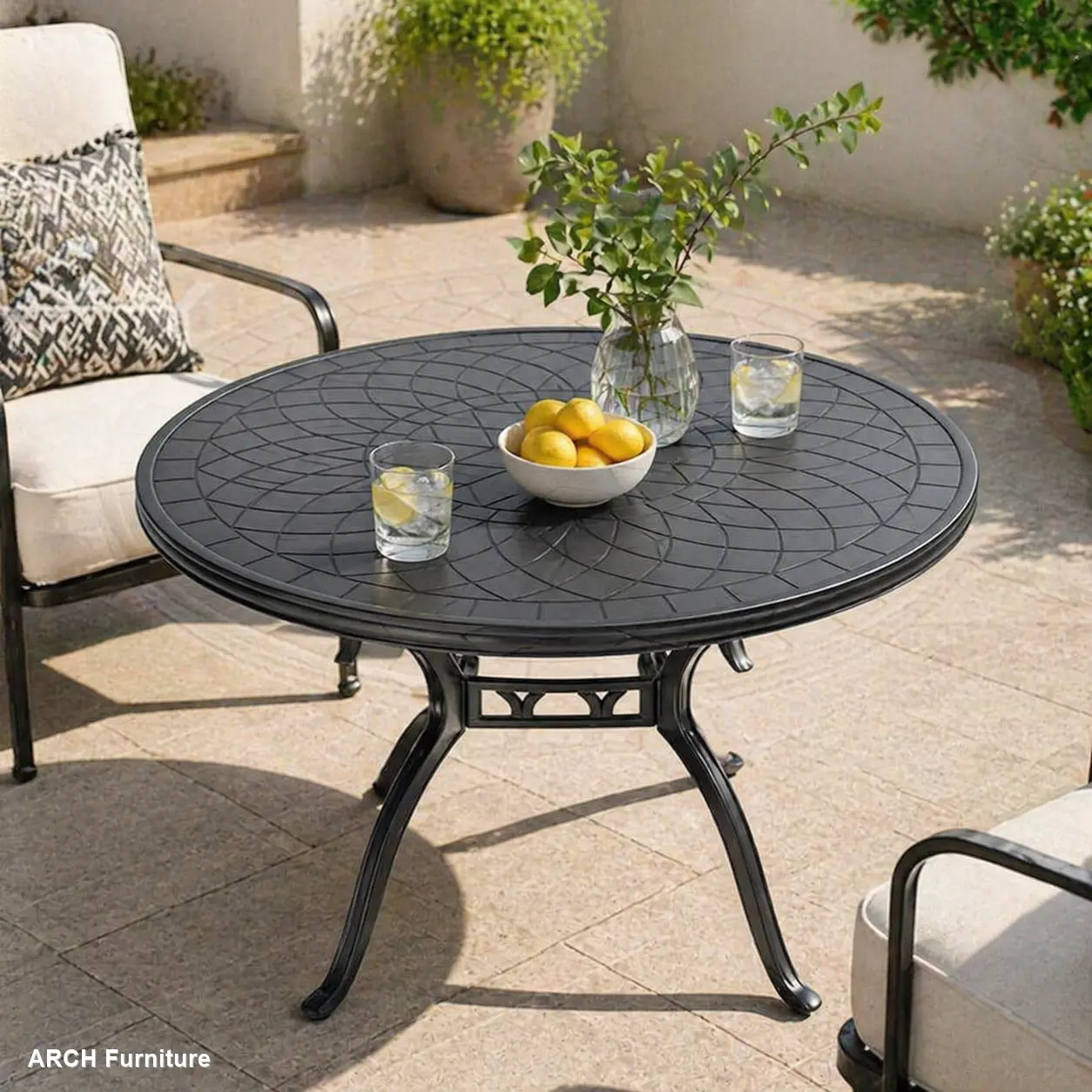 47.24-in Modern Round Top Cast Aluminium Outdoor Dining Table - Black Frame, Carved Lines Tabletop, Included Hardware, 47.24x47.24x28.35in, 6-Seat, 160lbs Load Limit, Anti-Rust Coated, Weather Resistant, Exterior-Facing Large Table, Weather Resistant Tabl