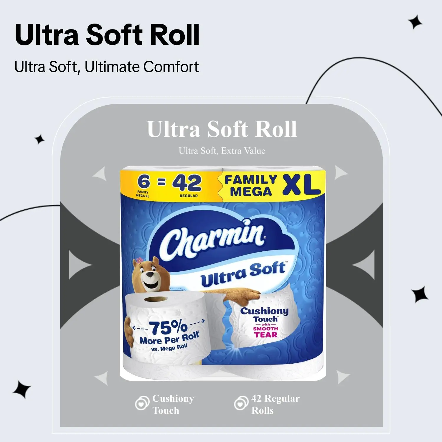 Charmin Ultra Soft Cushiony Touch Toilet Paper & Flushable Wipes, 6 Family Mega XL Rolls (Equals 42 Regular Rolls)