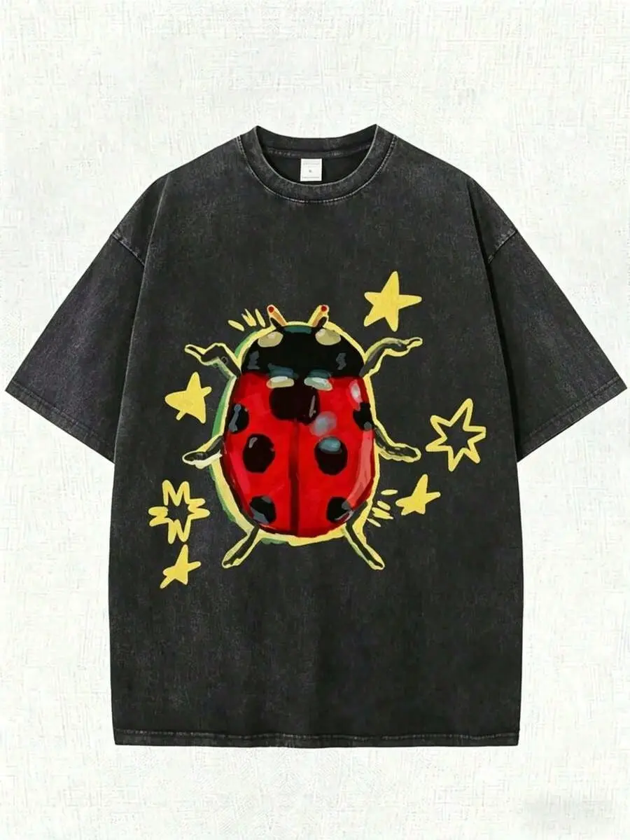 Washed Purple Women Tops, Ladybug Printed T-Shirts Under The Stars, High-Quality Vintage Fashion Brand T-Shirts, Ladies' Summer T-Shirts, Perfect Gifts For Mother's Day, Father's Day And Easter. Mother's Day Gift Outfits,Summer Cool Graphic Tee,