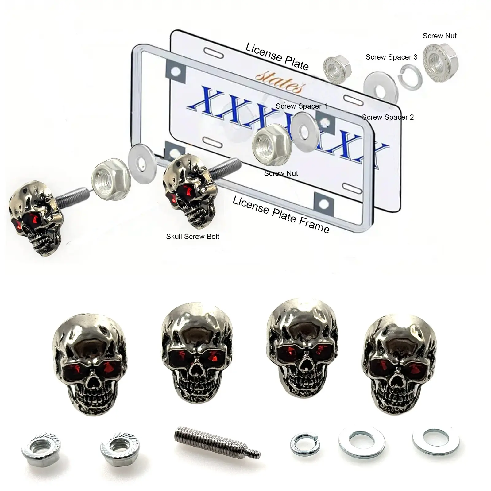 4-Piece Red Eye Skull License Plate Fasteners, Metal Skull Decoration, Ruby Accent, Anti-Theft, Car License Plate, Owner Gift, Car Accessories