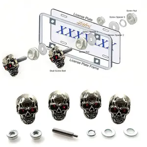 4-Piece Red Eye Skull License Plate Fasteners, Metal Skull Decoration, Ruby Accent, Anti-Theft, Car License Plate, Owner Gift