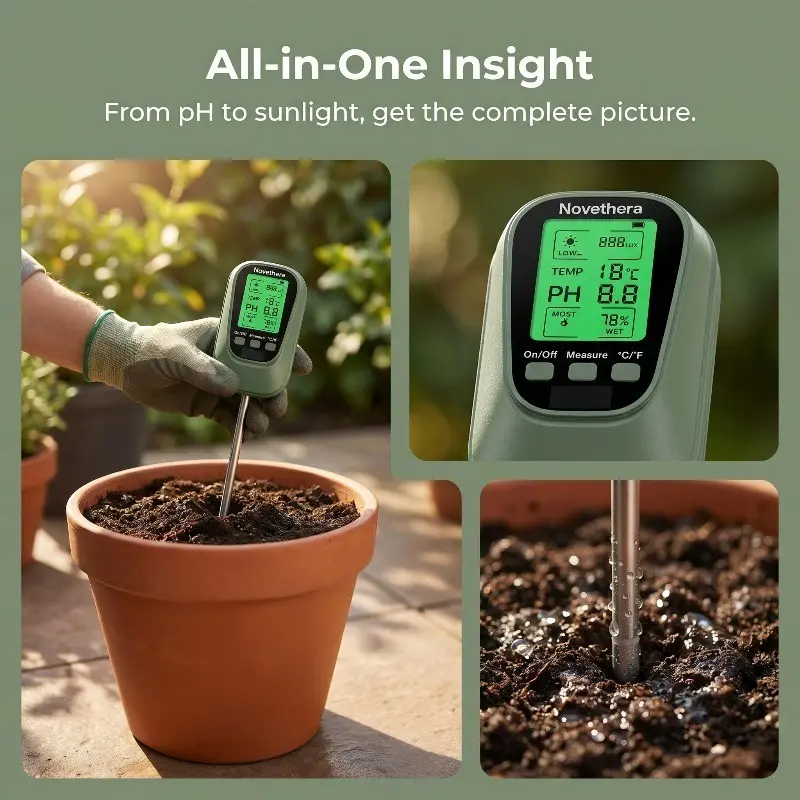 4-in-1 Soil Tester, Digital pH Meter with Light/Temp/Moisture, for Garden, Farm, Indoor & Outdoor Plants, Portable Tool