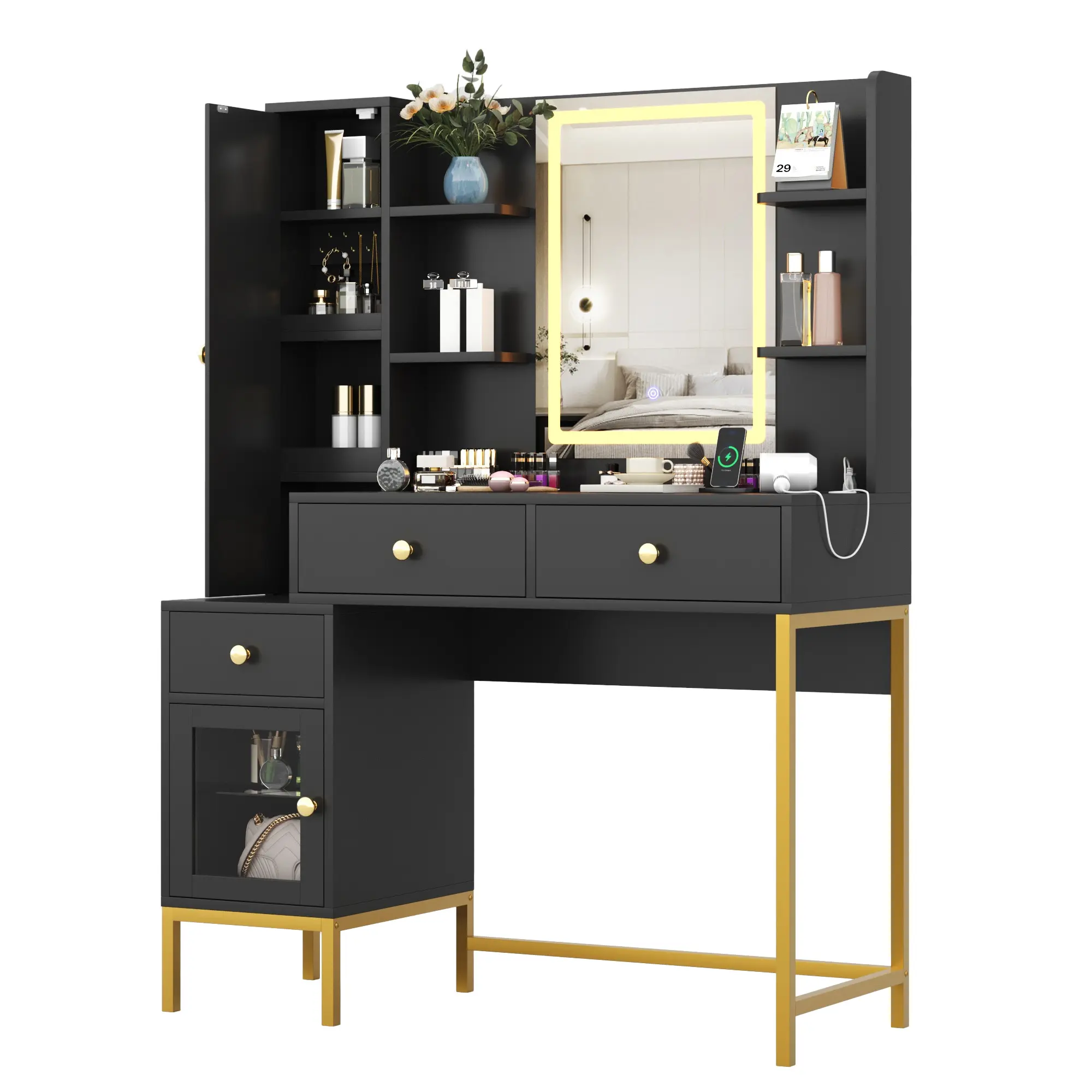 【Christmas Gift】Makeup Vanity with Lights and Charging Station 3 Color LED Lighted Mirror Vanity Desk