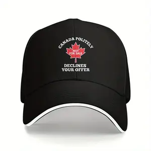 Canada Politely Declines Your Offer Baseball Cap - Black with White Stitching & Red Maple Leaf Design, Humorous Canadian Pride Hat, Breathable Sporty Casual Hat for Men & Women, Outdoor Activities Accessory |   Playful Design |   Durable Headgear