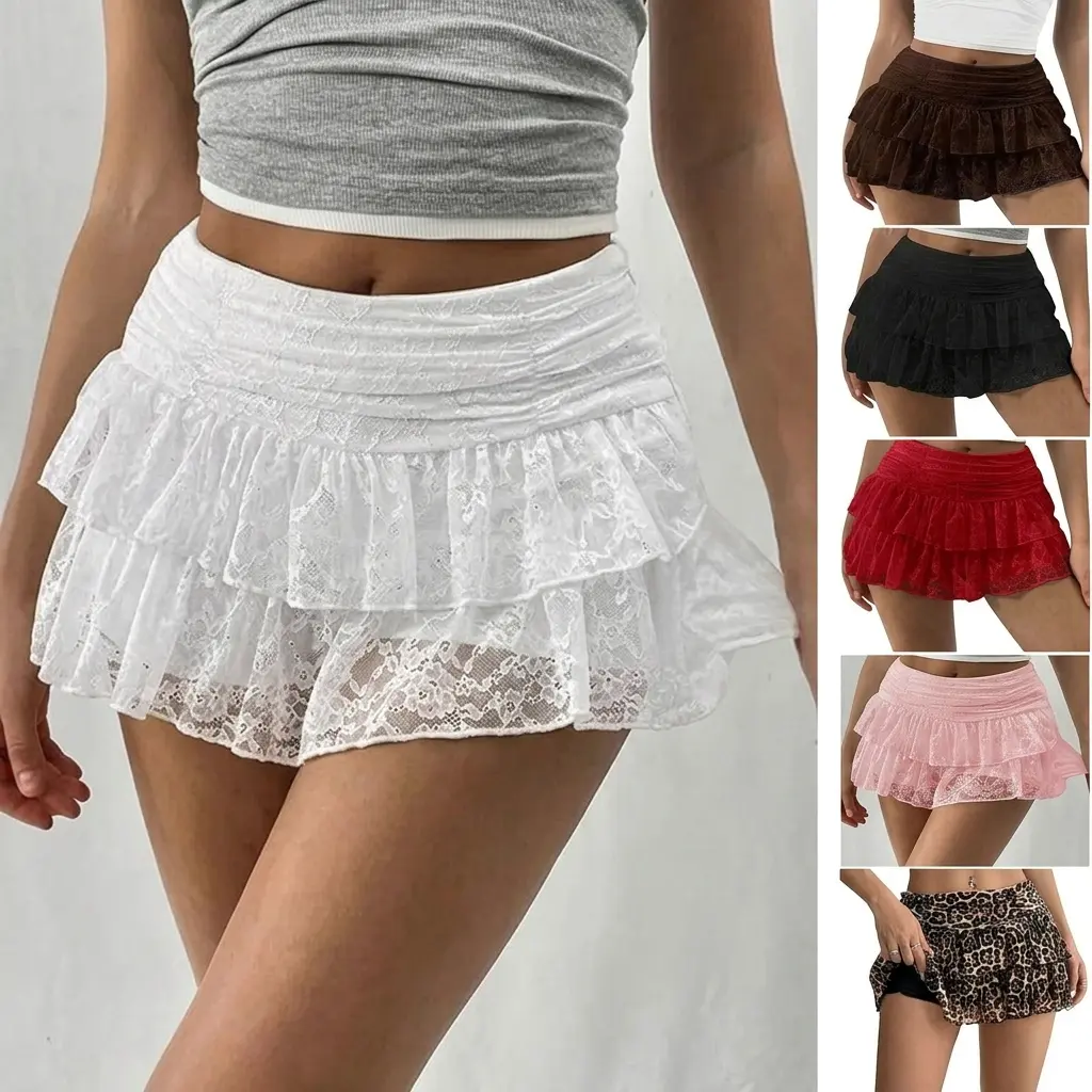 Women's Lace Mini Skirt - Low-Rise, Pleated, Ruffled, Tiered, Flowy Mesh, Elastic Waist Sexy Short Underskirt | Womenswear