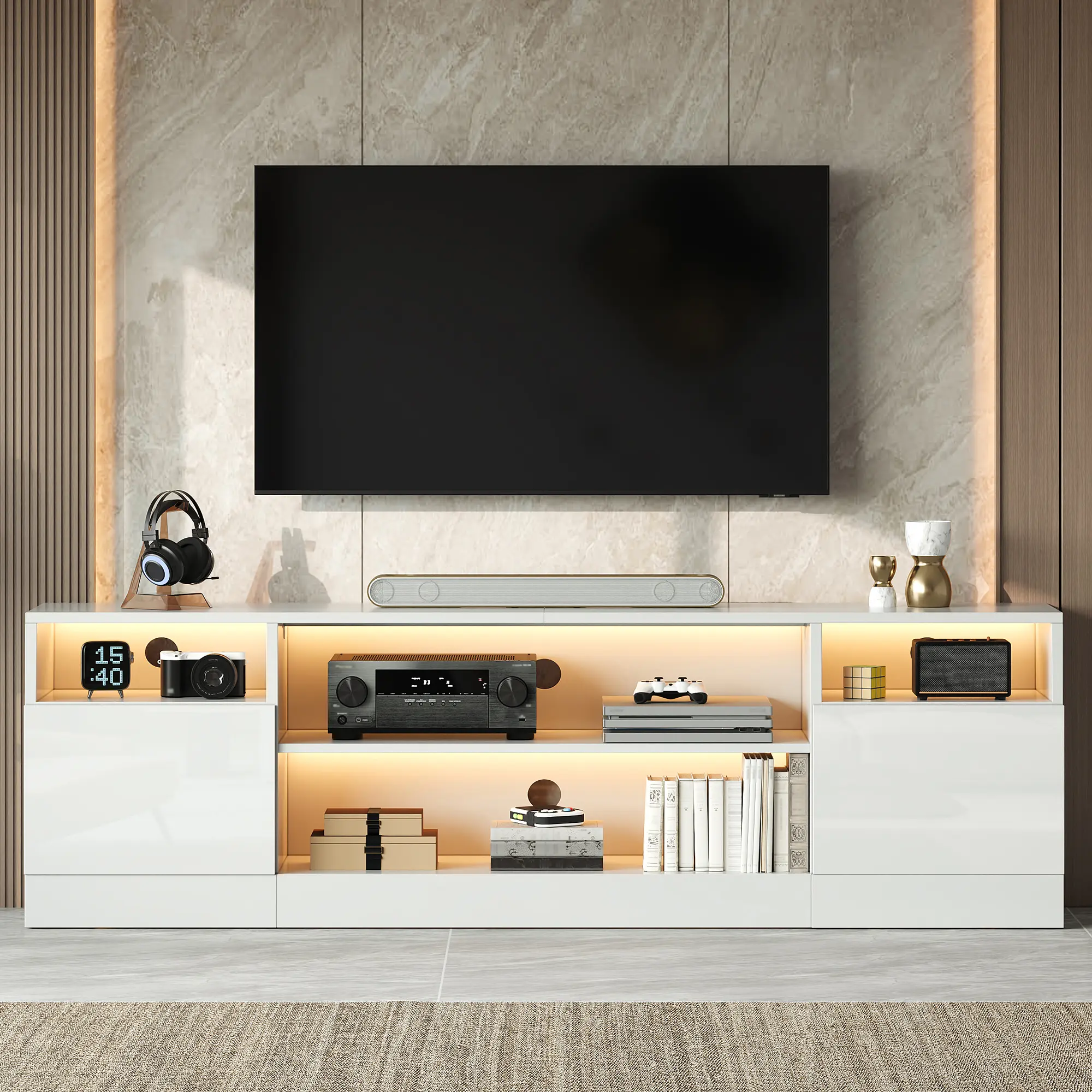 AMERLIFE 70" LED TV Stand for TVs up to 80", Modern Entertainment Center with Storage Cabinets & Open Shelves, High-Gloss TV Console for Living Room, Bedroom