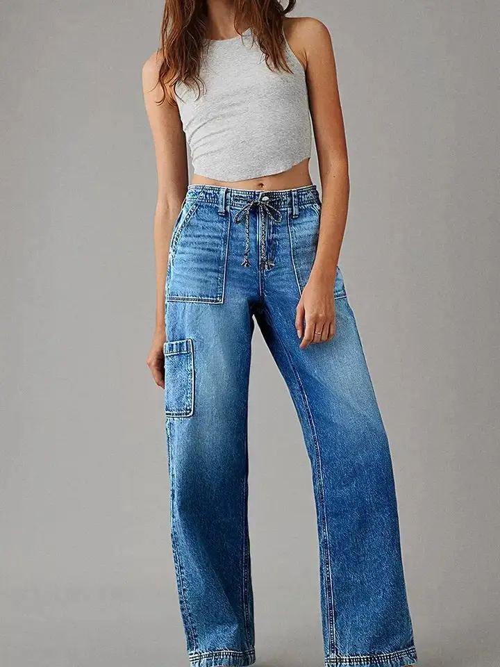 Women's High-Waisted Wide-Leg Denim Bottoms, Casual Loose-Fit Pants with Pockets, Everyday Trousers for Commuting or Vacation High Waist Jeans gaucho pants