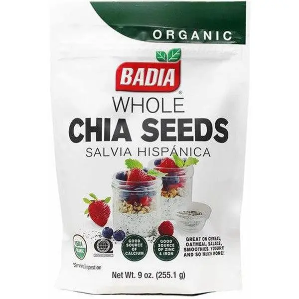 BADIA Organic Whole Chia Seeds - 9 oz, Healthy, High-Protein, High-Fiber, Gluten-Free, Kosher Ambient Staple for US Cooking, Beverage Use