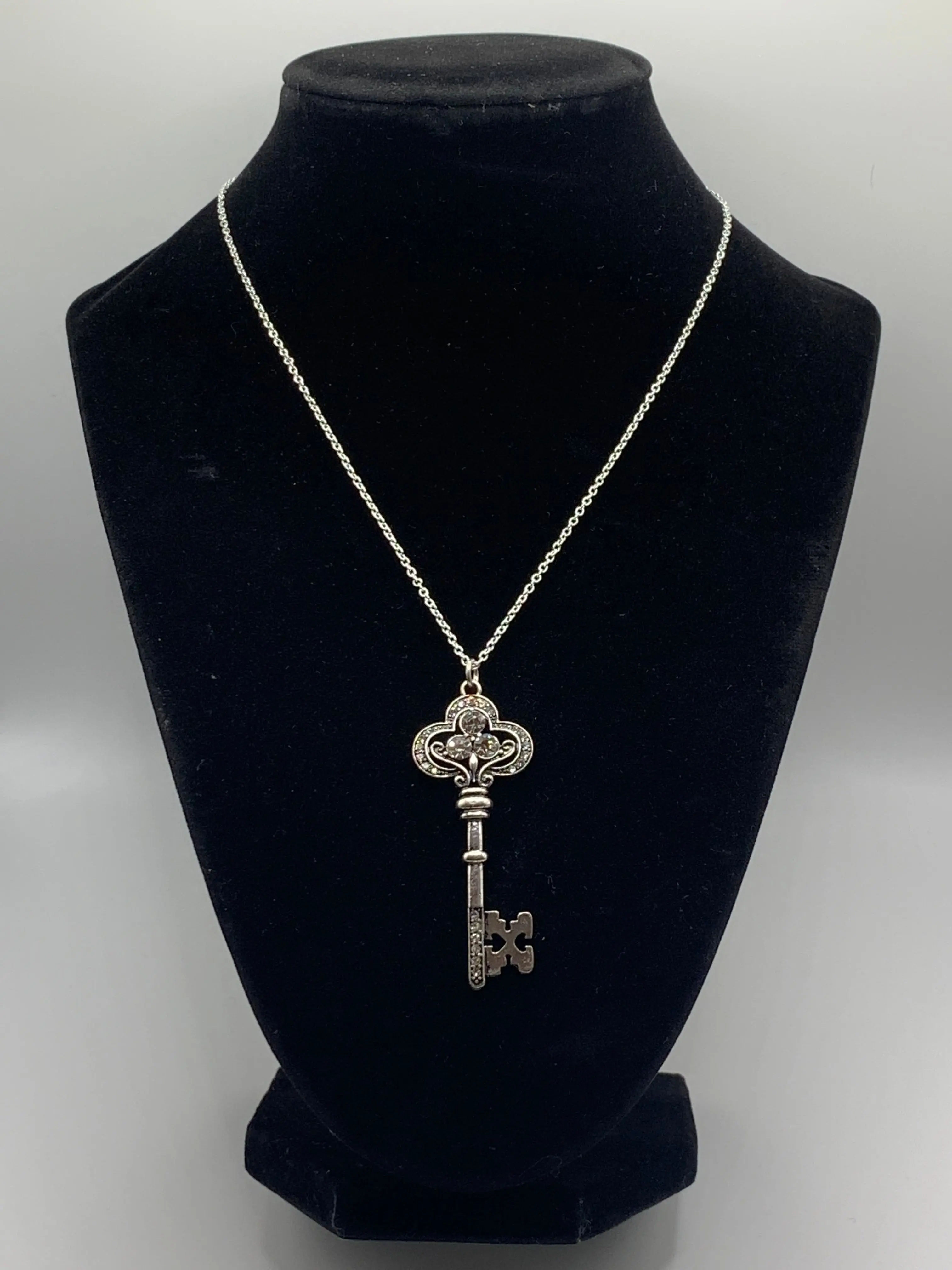 Silver Rhinestone Key Pendant Necklace, Unisex Necklace