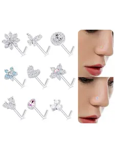 9Pcs Nose Rings Stud L Bone Screw Shaped Nose Ring Flower CZ Snowflake Butterfly Screw Nose Stud Body Piercing Jewelry for Women Men 20G Silver Gold Rose Gold Tone Nose Rings Set