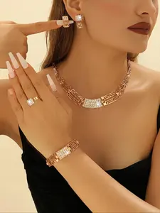 Boho Style Vintage Boho Style Jewelry Set 4 Piece Set 14K Golden Plated Zinc Alloy Rhinestone Accents, Synthetic Stones Necklace, Bracelet, Earrings, and Ring Ensemble Weddings, Parties, Mardi Gras Elegant Floral Pattern