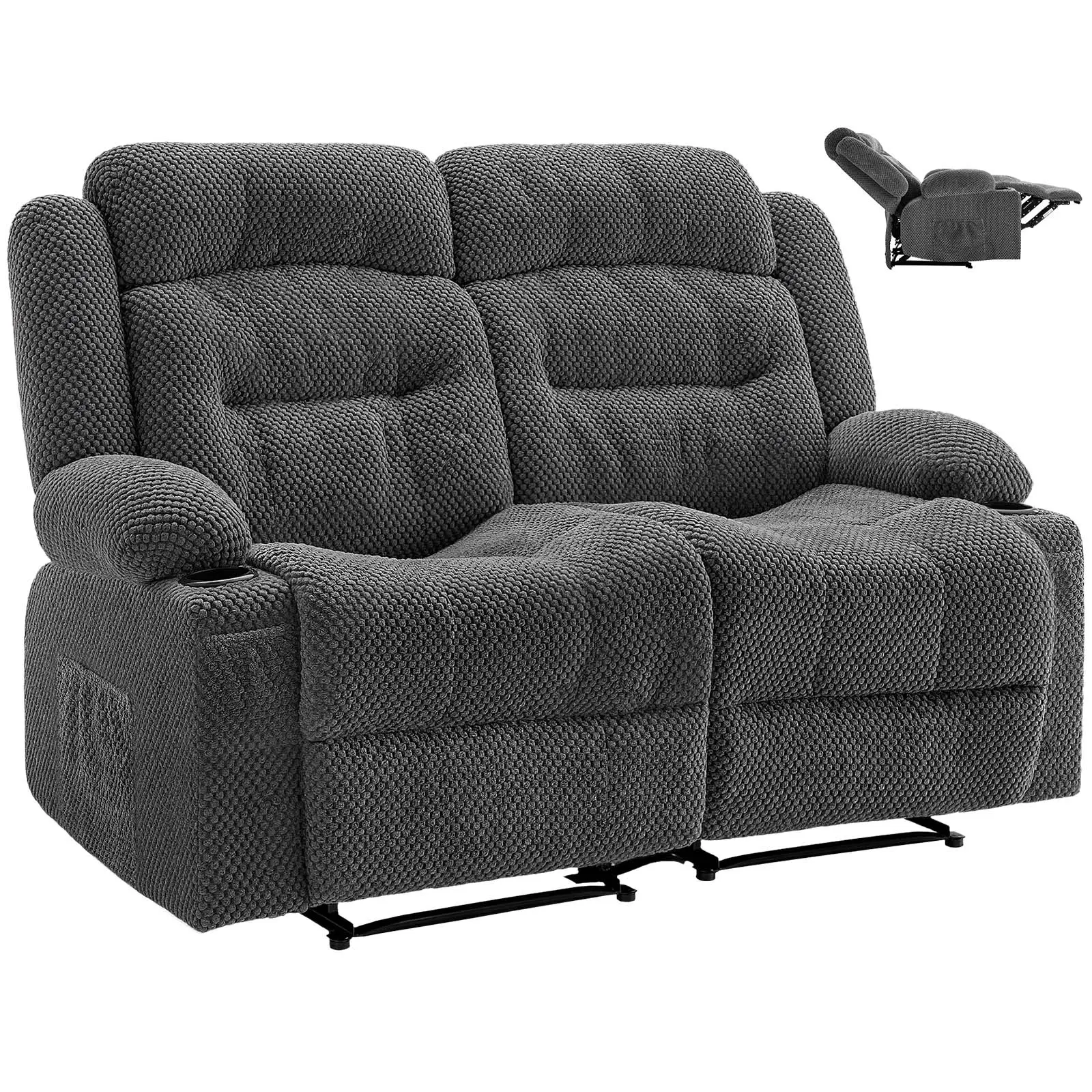 【SummerFinds】VEVOR Loveseat Recliner Sofa, Manual Reclining Couch with Heating and Massage, Soft Corduroy Recliner Sofa with USB Ports, Cup Holders and Side Storage Bags, Dual Loveseat Chair for Living Room, Grey