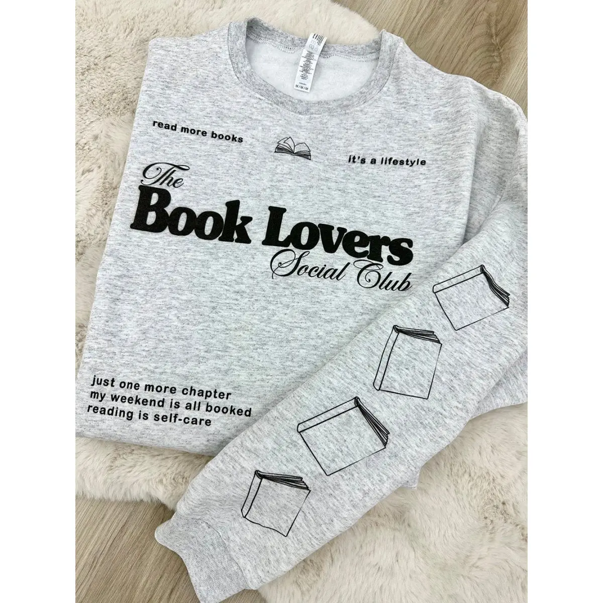 Menswear Crew Neck Round Neck Pullover Hoodie, 'Book Lovers Social Club' Graphic Print, Casual Cozy Top, Ash