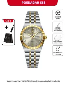 Poedagar Luxury Original Women's Clock Waterproof Night Light Week Date Women's Watch Fashionable Waterproof High End Watch Stainless Steel Women's Quartz Watch Casual Trendy Wristwatch