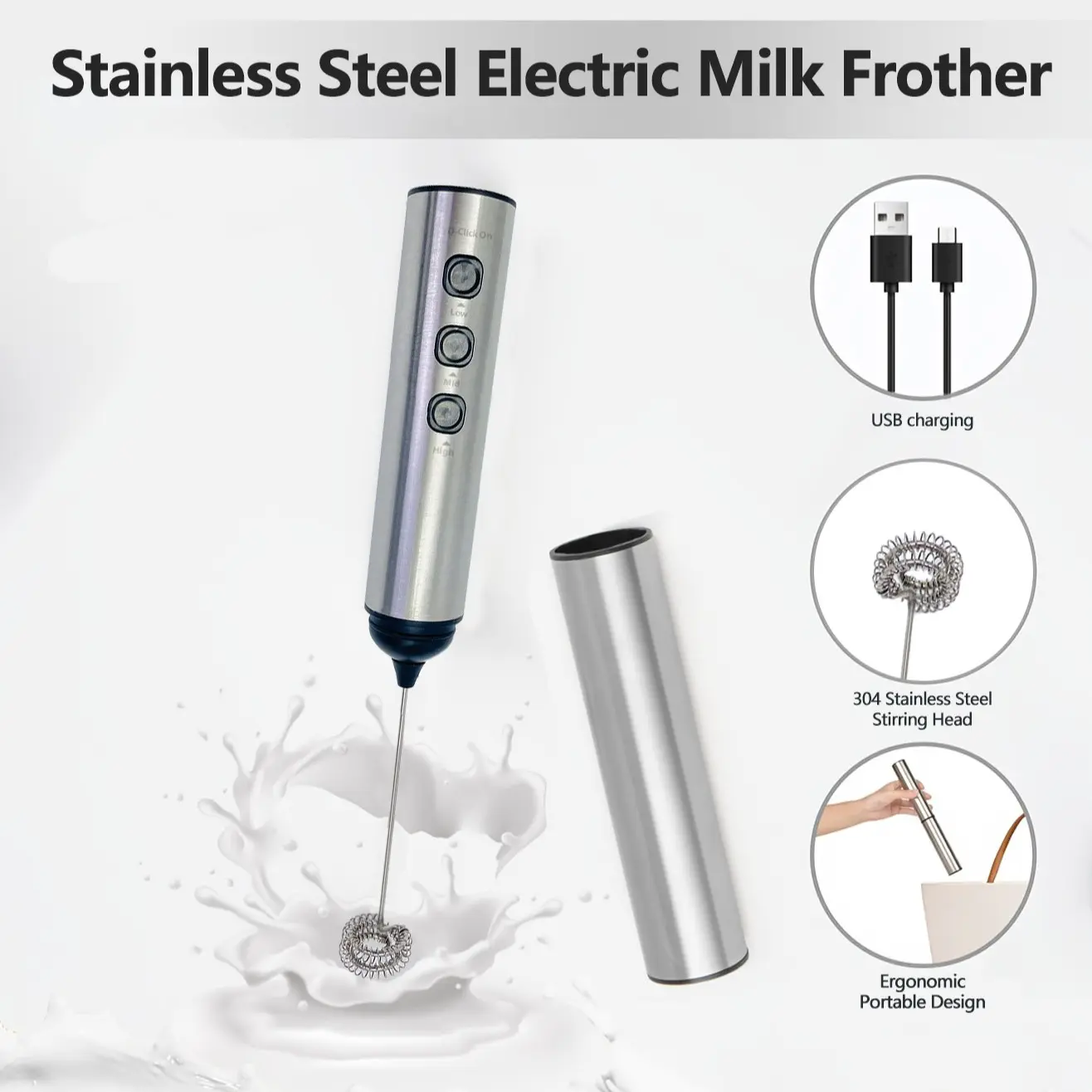 Handheld Electric Milk Frother Wand USB Rechargeable Stainless Steel Body 1200mah Battery Long Lasting One-Button Operation Ideal for Latte Cappuccino Hot Chocolate Matcha Drinks Egg Smoothies