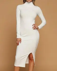 Ribbed Turtleneck Bodycon Dress - White