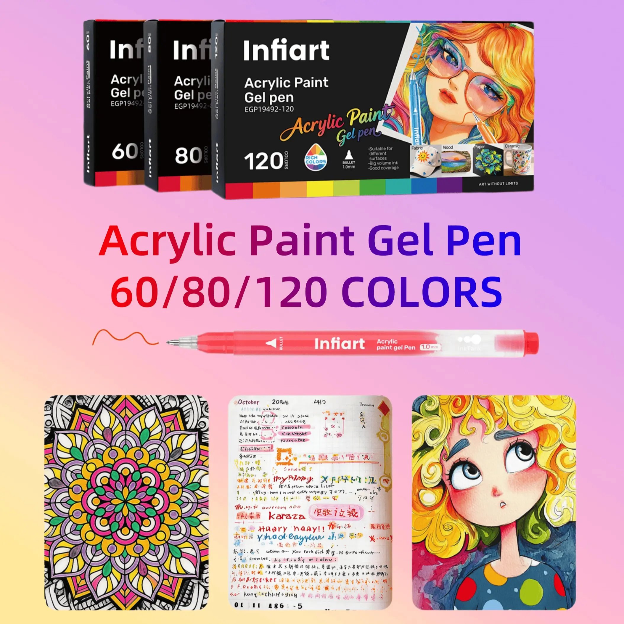 Infiart 60/80/120 Color Acrylic Paint Pens, Gel Ink Pen Set, 1mm Tip, Large Capacity, Ideal for Diaries, Cards, DIY Crafts, Coloring, Hand Drawing, Arts and Crafts Supplies