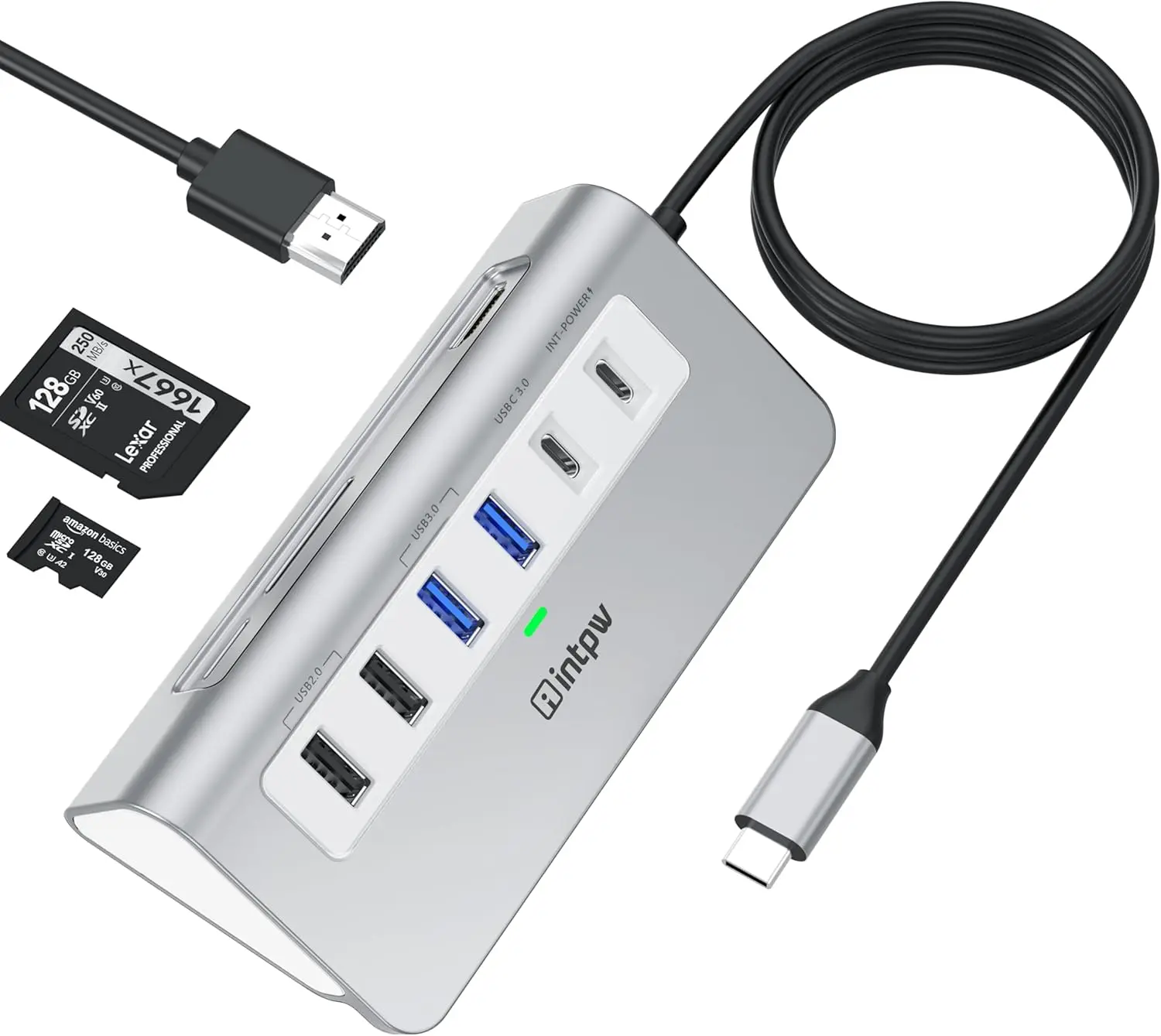 INTPW P9 9-in-1 USB-C Hub, 4K@60Hz HDMI Multiport Adapter, 100W PD Charging, USB 3.0/2.0, SD/TF Card Reader for Laptop, PC & Phone