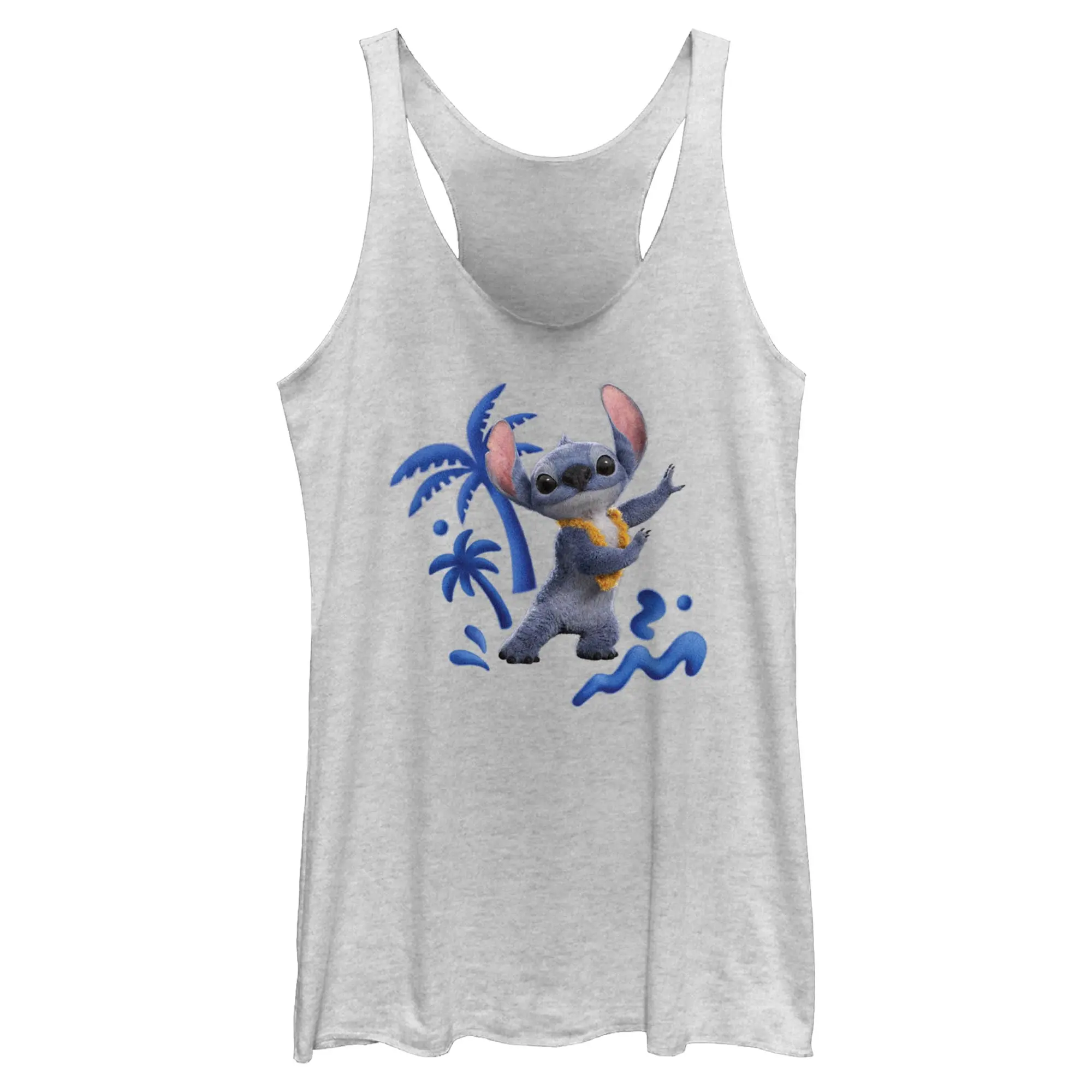 Women's Lilo & Stitch Casual Crew Neck Racerback Tank - Blue Palm Trees Print, Happy Dancing Stitch Design, All Seasons Wear, Check Size Charts