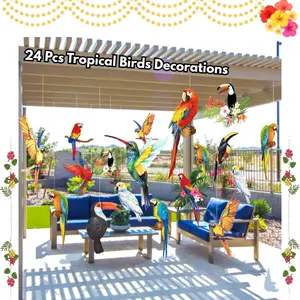 24 Pcs Tropical Birds Decorations, Jungle Safari Luau Hawaiian Parrot & Hummingbird Hanging Paper Birds, Summer Beach Tiki Party Decor Home Garden