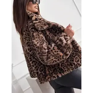 Fashion Leopard Print Women'S Long Sleeve Loose Faux Fur Jacket |   Casual Style, Non-Stretch, Single Breasted Contrast Faux Fur Detail