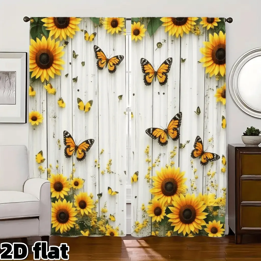 2D Flat 2Pcs Sunflower Butterfly Print Curtains, Home Decoration Curtain, Window Drapes, Natural Rustic Wood Background Semi Sheer Rod Pocket Style Garden Theme Suitable for Living Room Bedroom Balcony Spring Summer Home Decor Privacy Protection