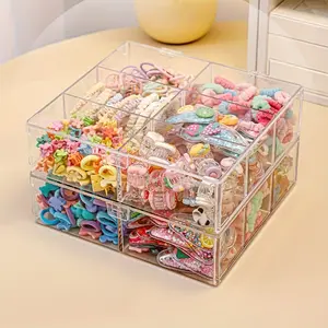 Transparent Hair Accessory Storage Display Box with Lid, 6 Compartments for Hair Ties, Clips, Bangles, Necklaces, Dustproof and Moisture-Proof