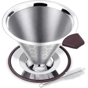 Pour Over Coffee Dripper, Reusable Stainless Drip Coffee Maker Cone, Paperless Coffee Strainer, Coffee Mesh for 1-4 Cup with Brush