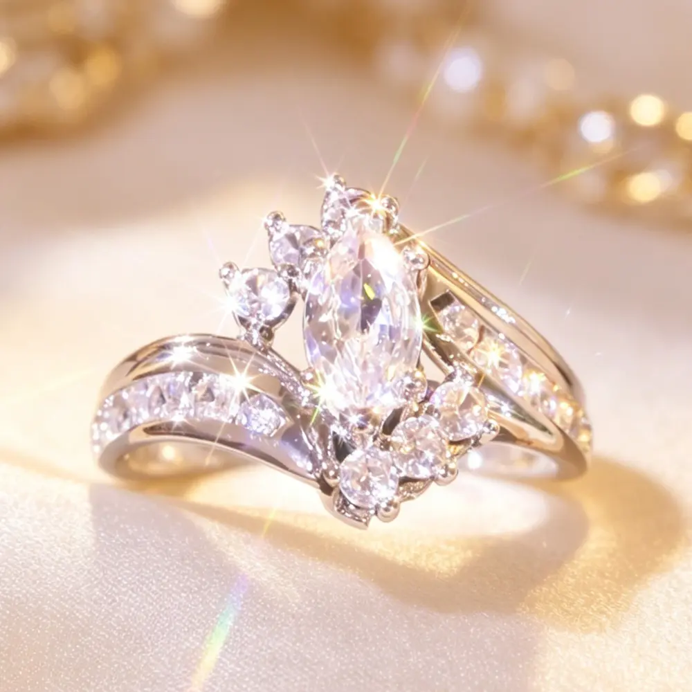 Unisex Elegant Marquise Cut Halo Promise Ring - White-Tone Plated Metal, Split Shank with Side Stones, Plain Stackable Band, Ideal for Engagement & Daily Wear