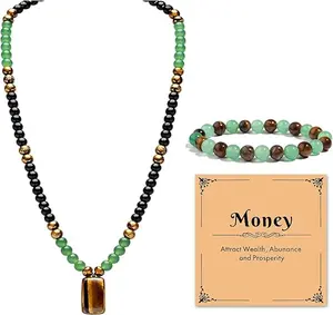 Money Bracelets Necklace Jewelry Set for Women Men Jade Crystal Tiger Eye Obsidian Beaded Necklace Feng Shui Good Luck Money Bracelet Wealth Attraction Accessories Outfits Protection Jewelry Gifts