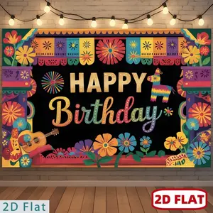 1pc 2D Flat banner - - for Party Banner s, One Polyester Backdrop Featuring a Mexican Fiesta Theme with a Happy Birthday Piñata And Floral Design, Suitable for Decorating Homes, Gardens, Clubs, Farms, And Ro