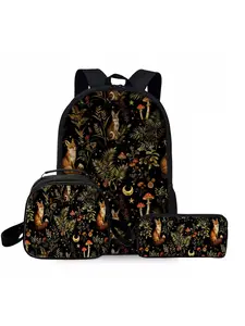 Fox and rabbit printed backpack three piece set lunch bag pencil case backpack