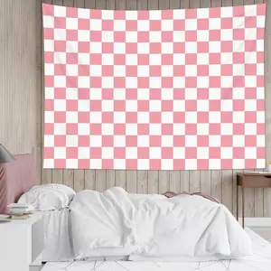 Retro Checkered Tapestry Pink Checkered Grid Pattern Tapestry Wall Hanging Vintage Checkerboard Wall Art Tapestry for Bedroom Living Room Dorm Decor