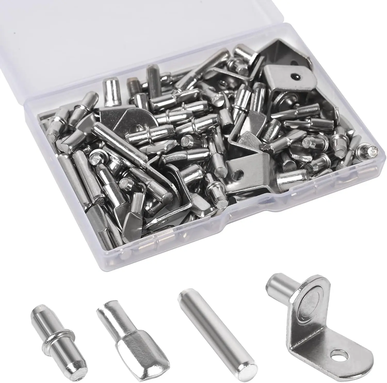 100 count Shelf Pegs for Shelves, 4 Styles Shelf Pins Kitchen Cabinet Shelf Pegs, Nickel Plated Shelf Holders Pegs, Bookshelf Pegs for Shelves, Metal Shelf Support Pegs & Pins (5mm & 6mm)