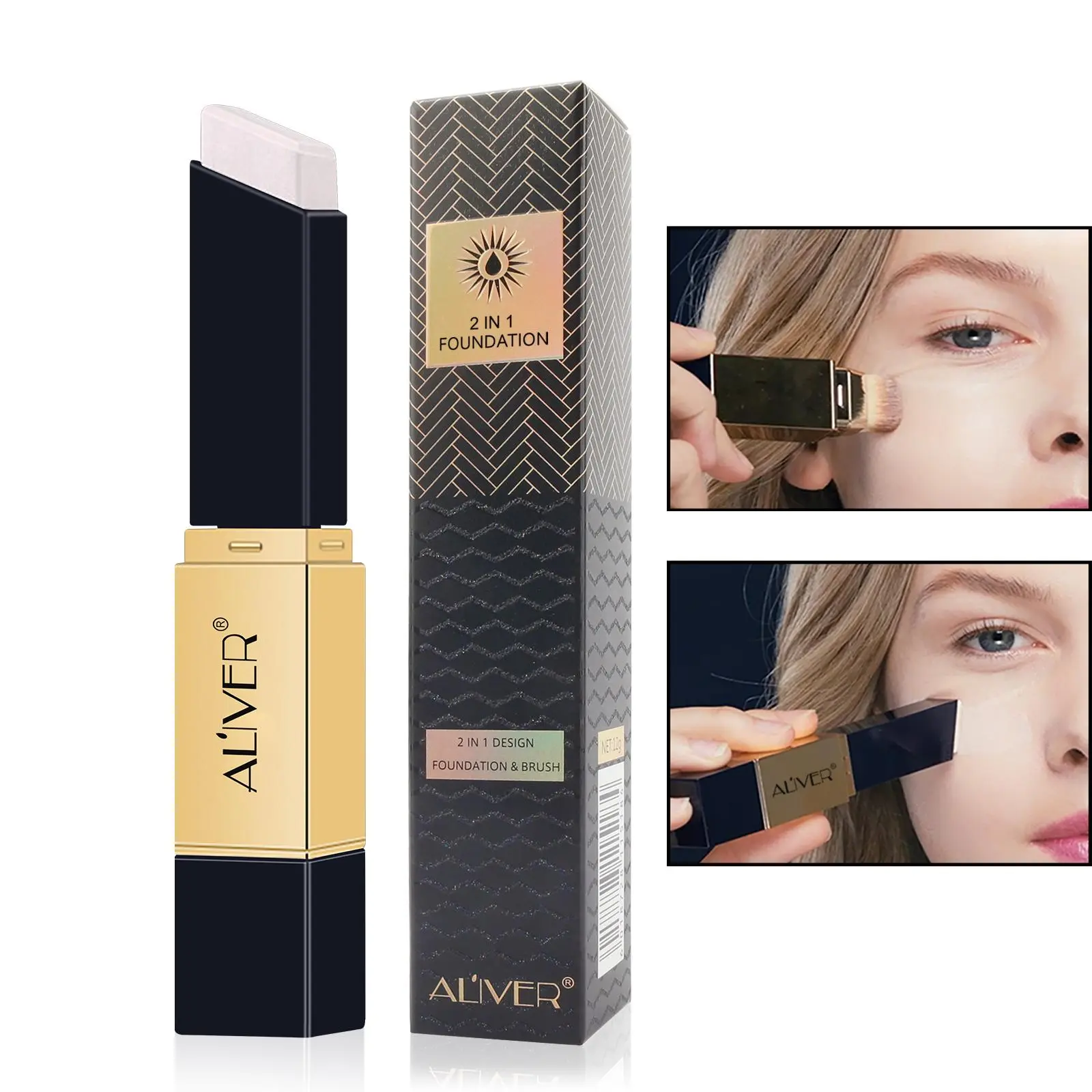 Aliver Dual-Ended Foundation Stick & Brush Set, 12g/0.42oz, Ivory //coffee Color, High Coverage Makeup Tool for Women