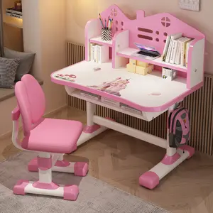 summervibes 2Pcs/Set Multi Bookstand Widened Desktop Desk Chair Set Cartoon Pattern Kids Adjustable Height Study Drawer Table with Chair Set