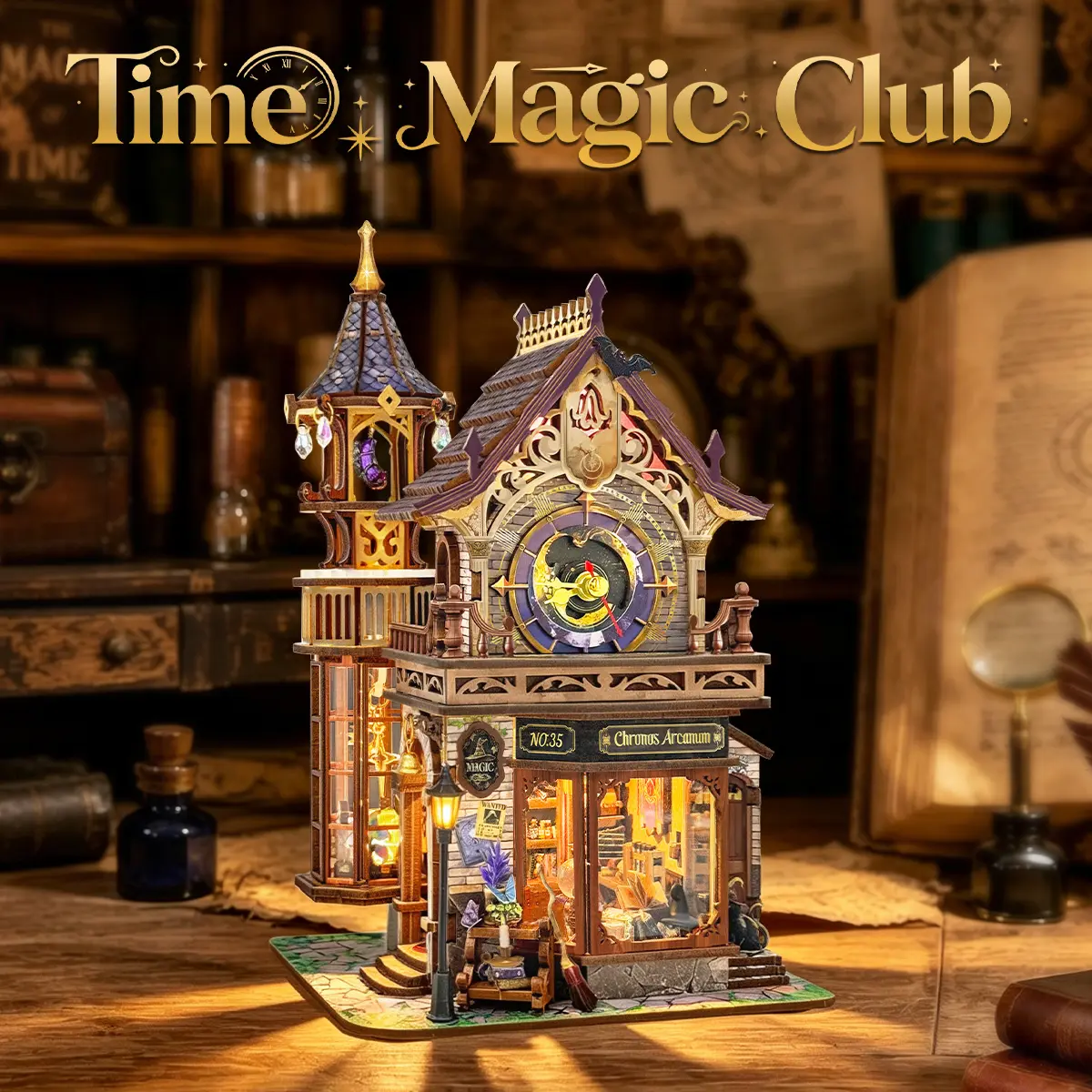 Time Magic Club Book Nook Kit with Rotating Tower, Music & Lights | Dynamic Fantasy DIY Miniature Building Kit, Bookshelf Decor Model, Gifts for Adults